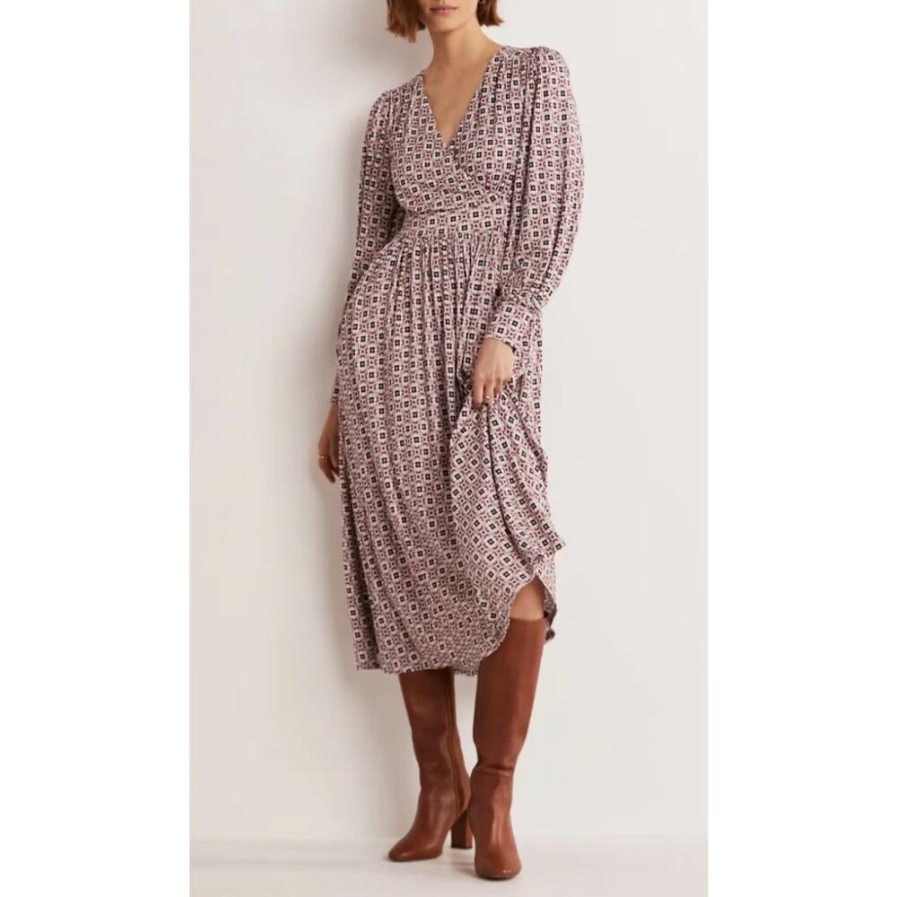Boden Women’s Size 4R Fixed Wrap Jersey Midi Dress Almond Pink Square Geo Print‎